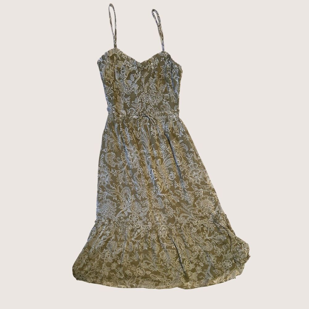 Patrons of Peace Olive Green Floral Midi Dress Small Smocked Boho Sundress
